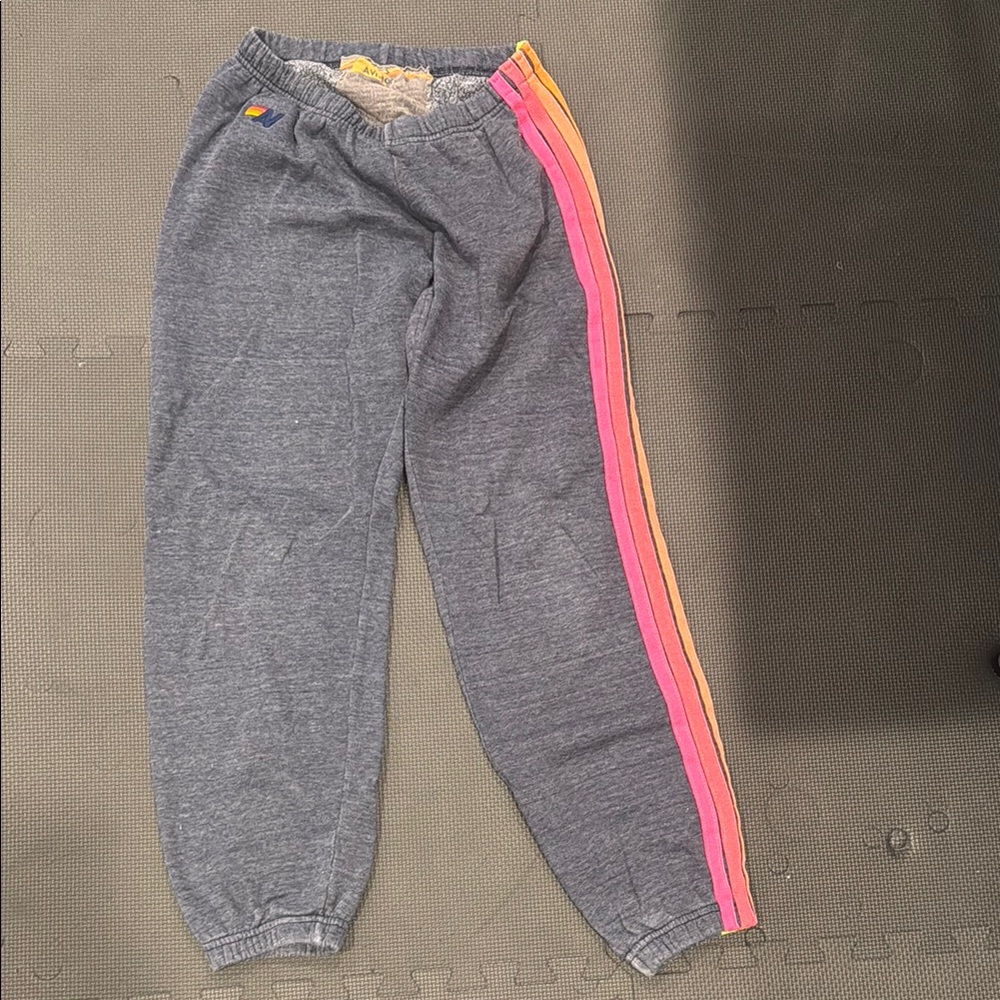 Aviator Nation blue/gray Sweatpants with Pink  Orange  yellow Stripes